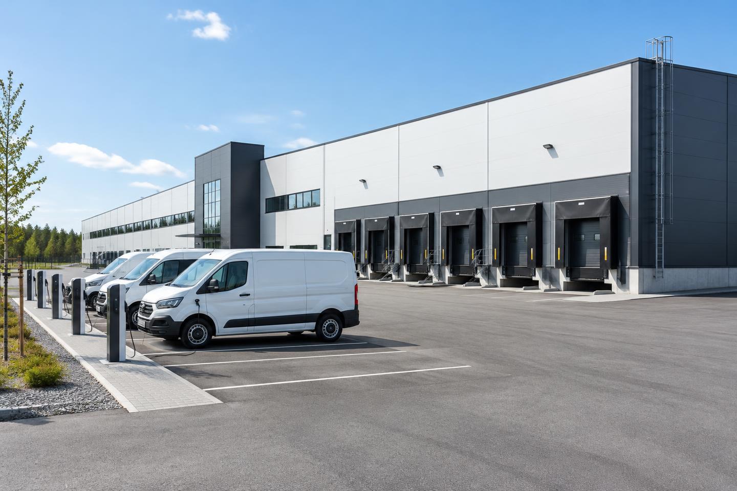 Havainnekuva logistiikkaterminaalista ja sähköisen kaluston latausalueesta