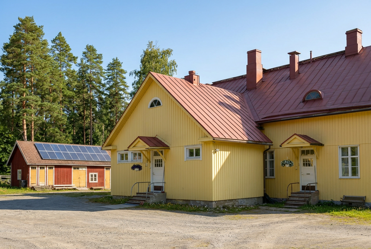 Lähdevalokuvista muokattu havainnekuva Kätkänjoen keltaisesta kylätalosta ja aurinkopaneeleilla varustetusta piharakennuksesta